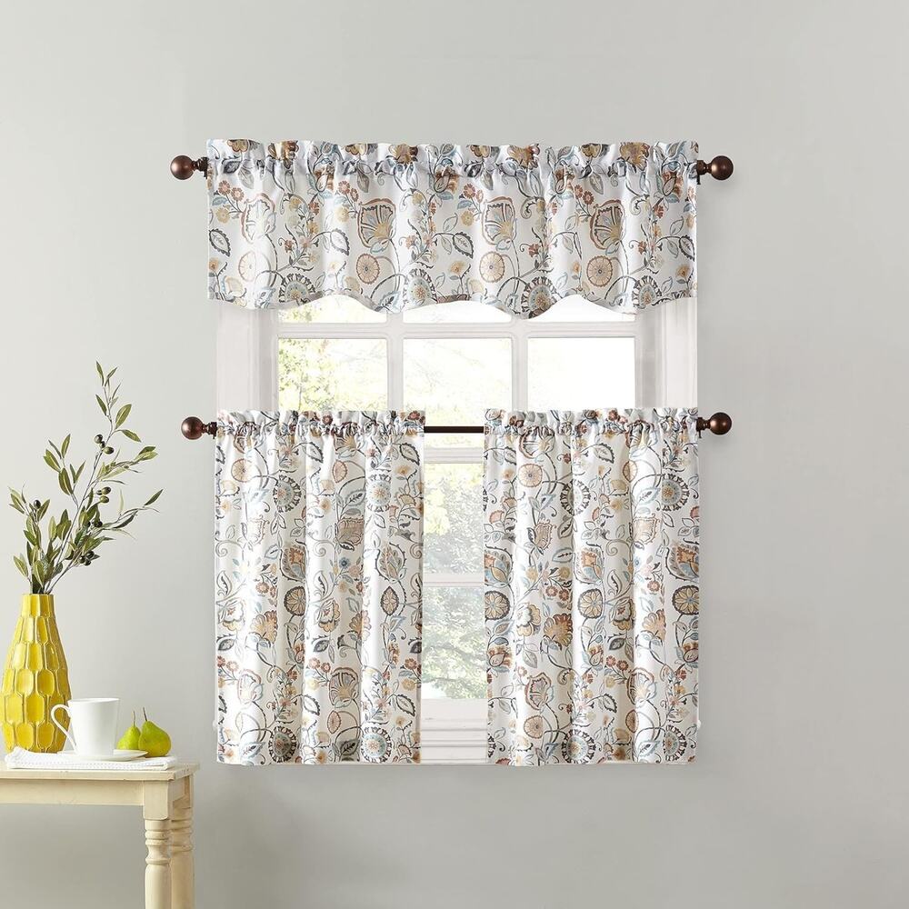 No. 918 Signy Jacobean Pattern Semi-Sheer Rod Pocket Kitchen Curtain Valance - Picture 3 of 5